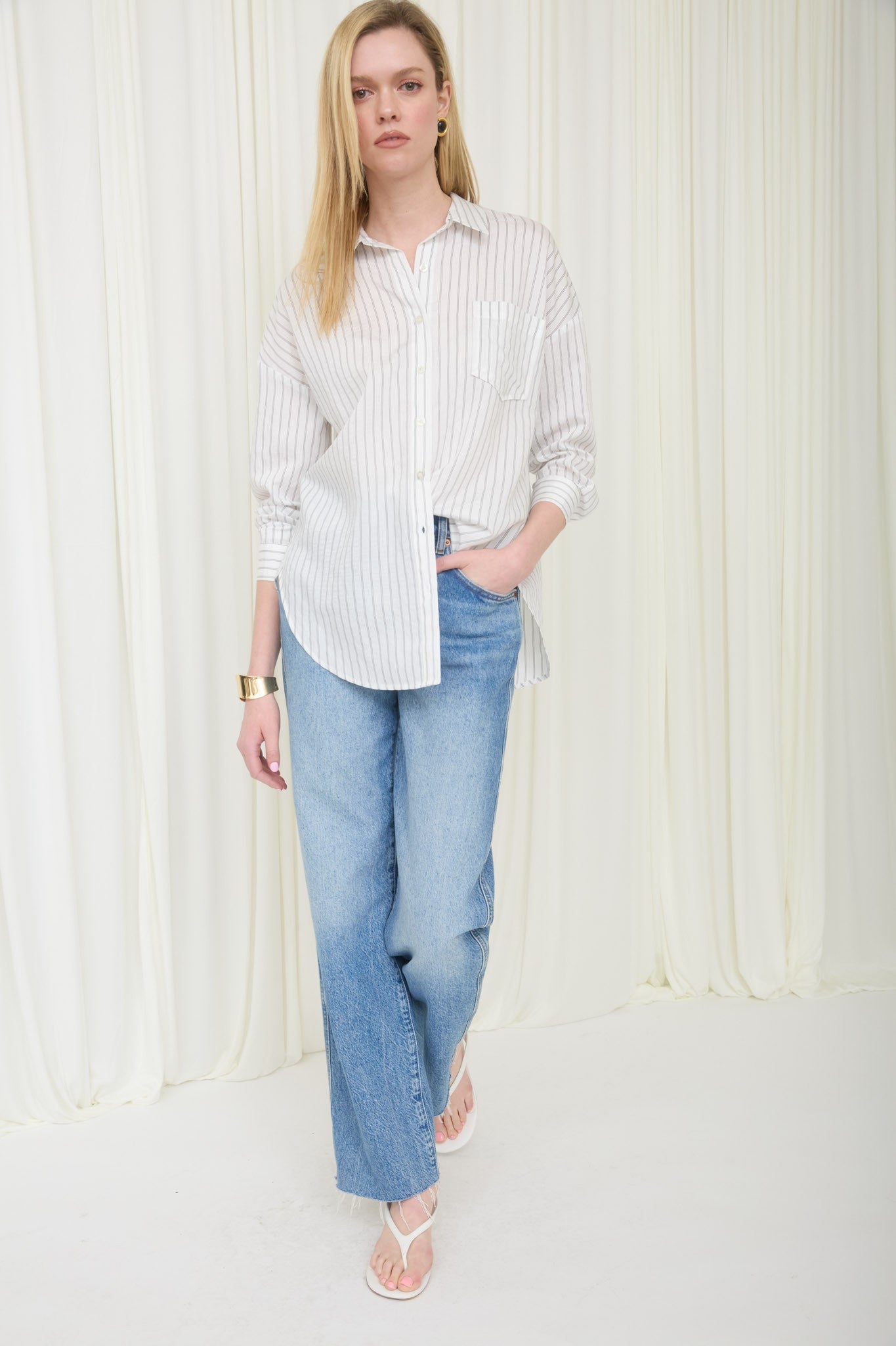 Ivory Striped Collared Long Sleeve Shirt