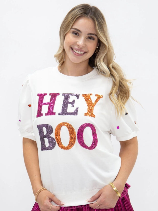 Sequin Hey Boo Puff Sleeve Tee