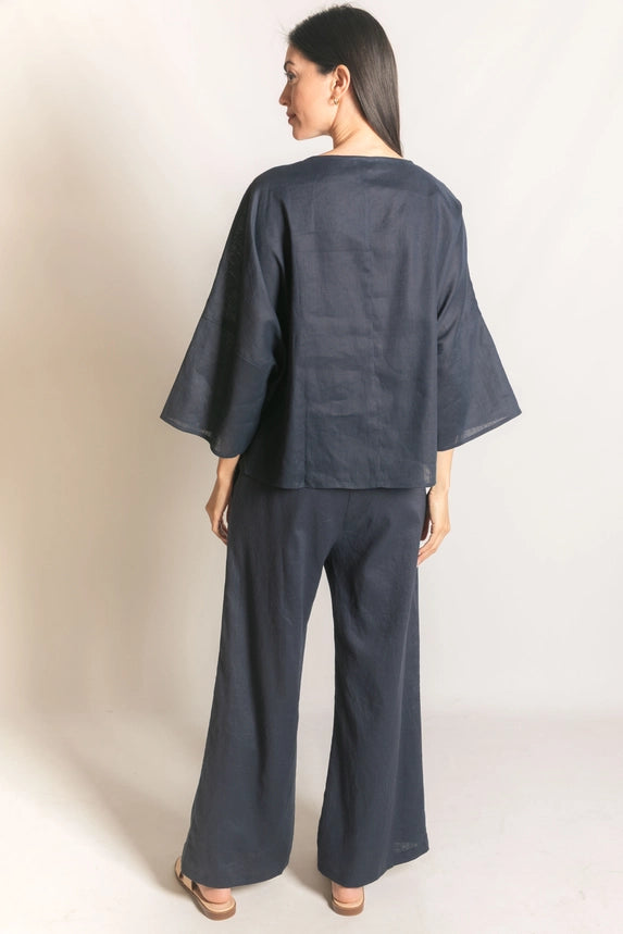 Washed Linen Half Sleeve Waist Tie Top