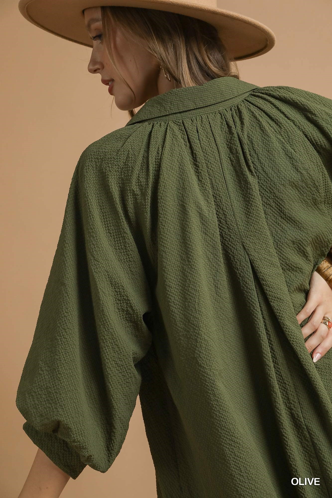 Split V-Neck Dress with Puff Sleeves