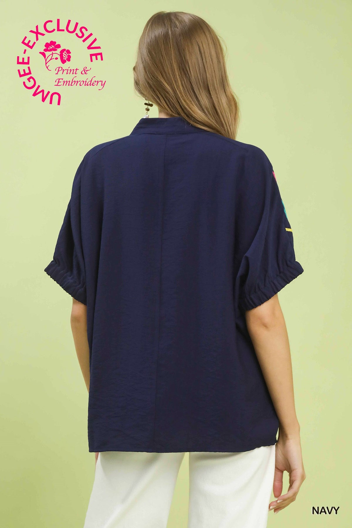 Embroidered Split Neck Top