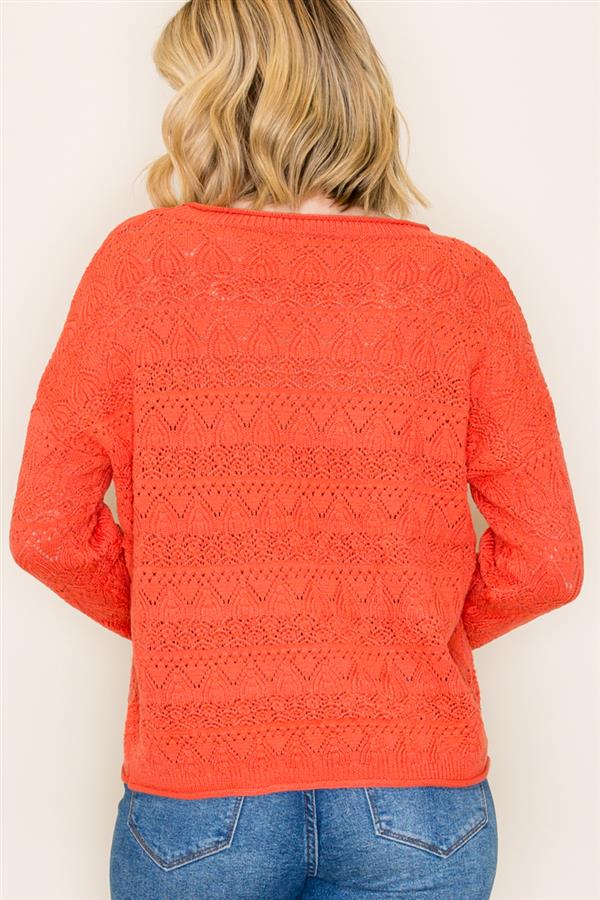 Long Sleeve Wide Neck Crochet Like Sweater
