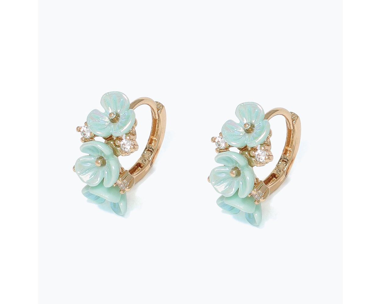 Gold and Mint Flower Hoop Earrings