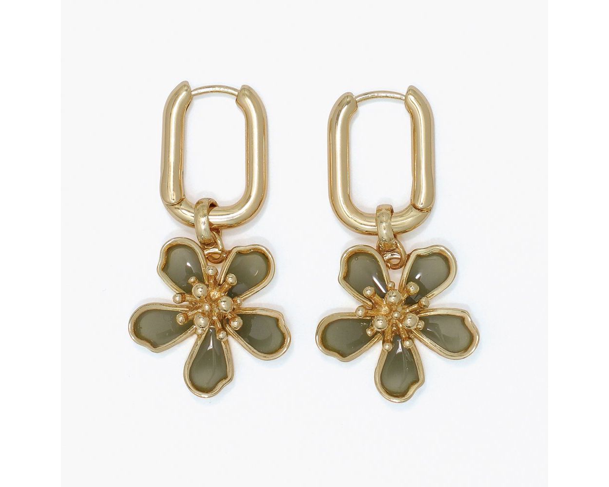 Gold Hoop Green Flower Earrings