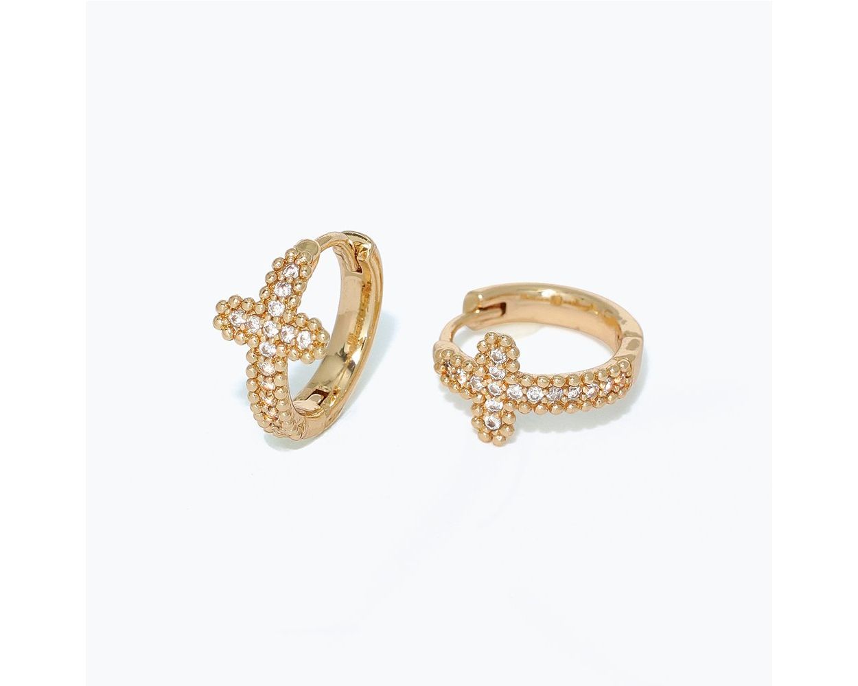 Gold Cross Huggie Cz Earrings