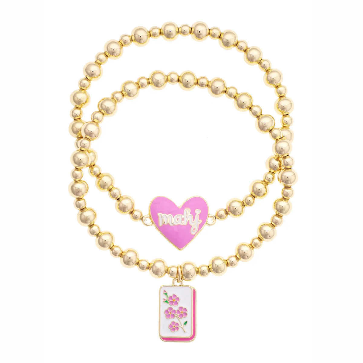Mahj Cherry Blossom Tile Ball Bead Stretch Bracelet Set of 2