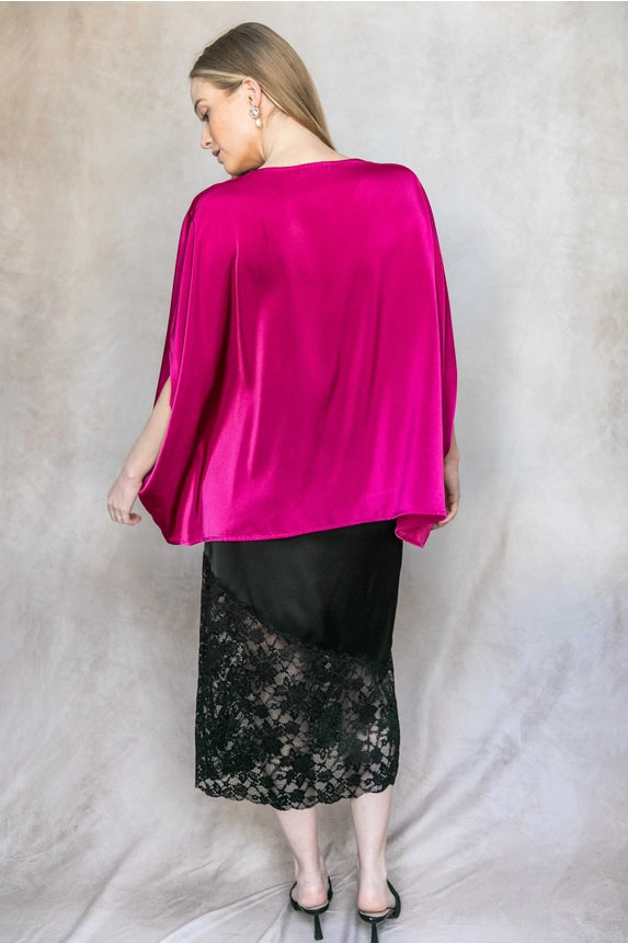 Satin Solid V-Neck Front Waist Elastic Flowy Top