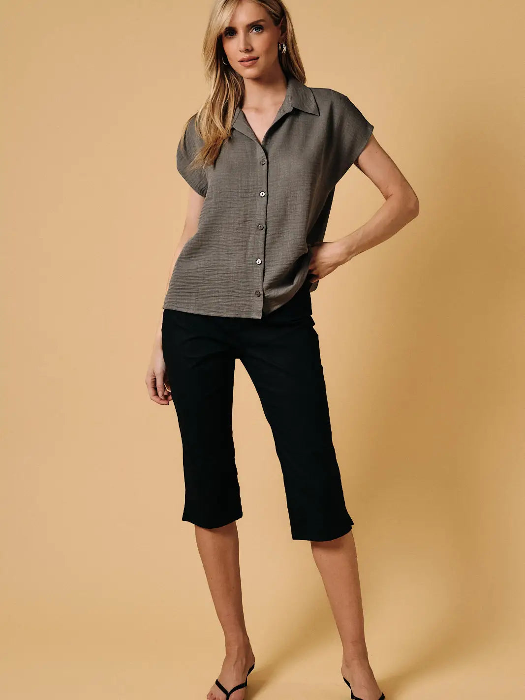 Wide Shoulder Sleeveless Button-Down Shirt