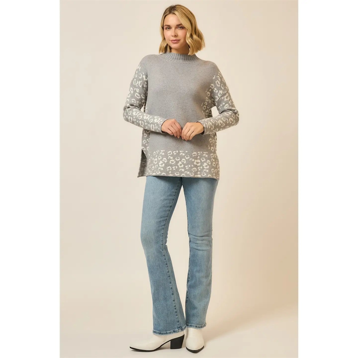 Leopard Contrast Knit Crewneck Sweater