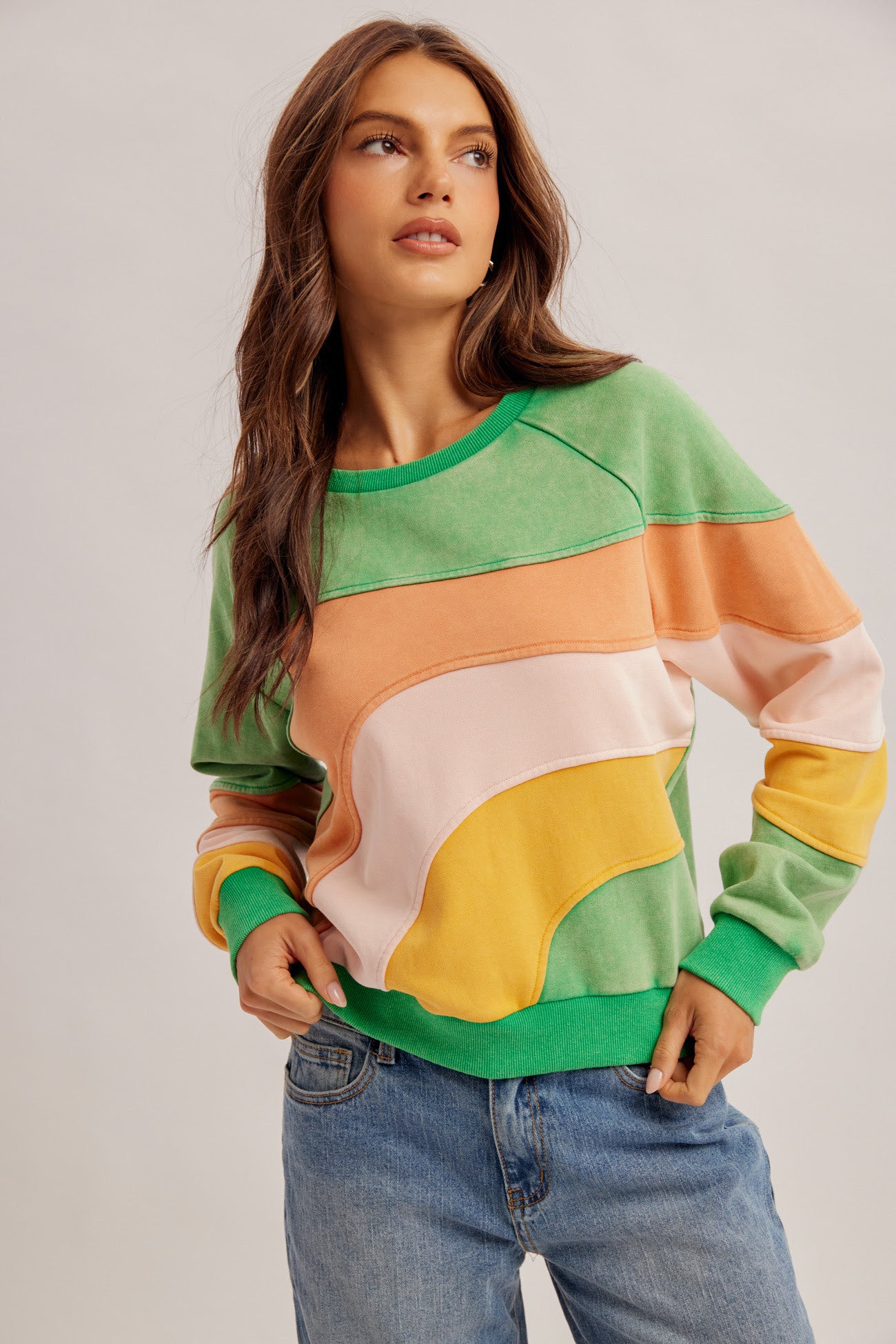 Curved Color Block Washed Terry Top