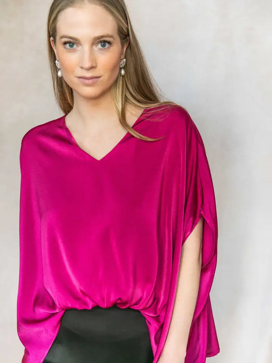 Satin Solid V-Neck Front Waist Elastic Flowy Top