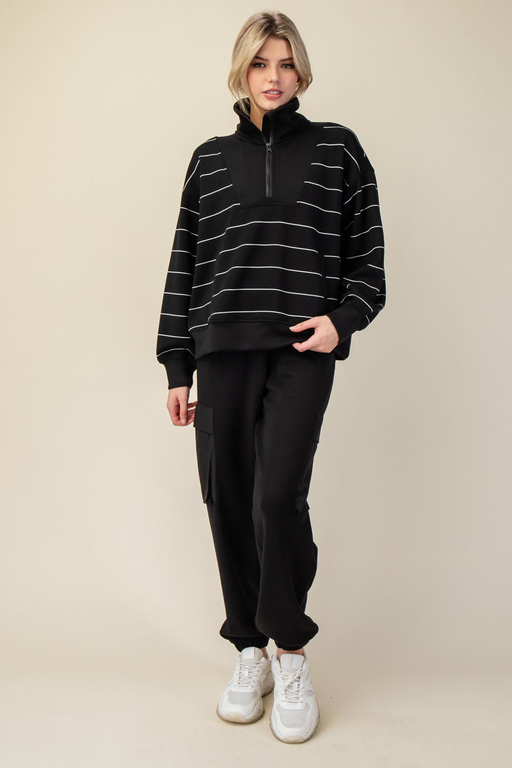 Modal Scuba Stripe Quarter Zip Mock Neck Top
