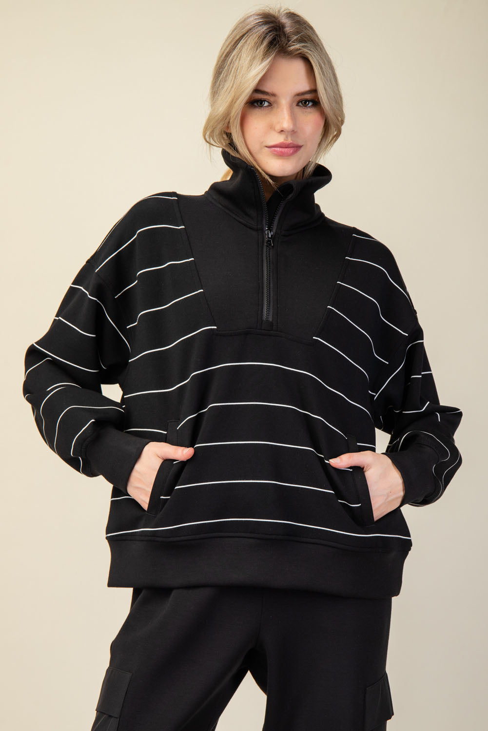 Modal Scuba Stripe Quarter Zip Mock Neck Top