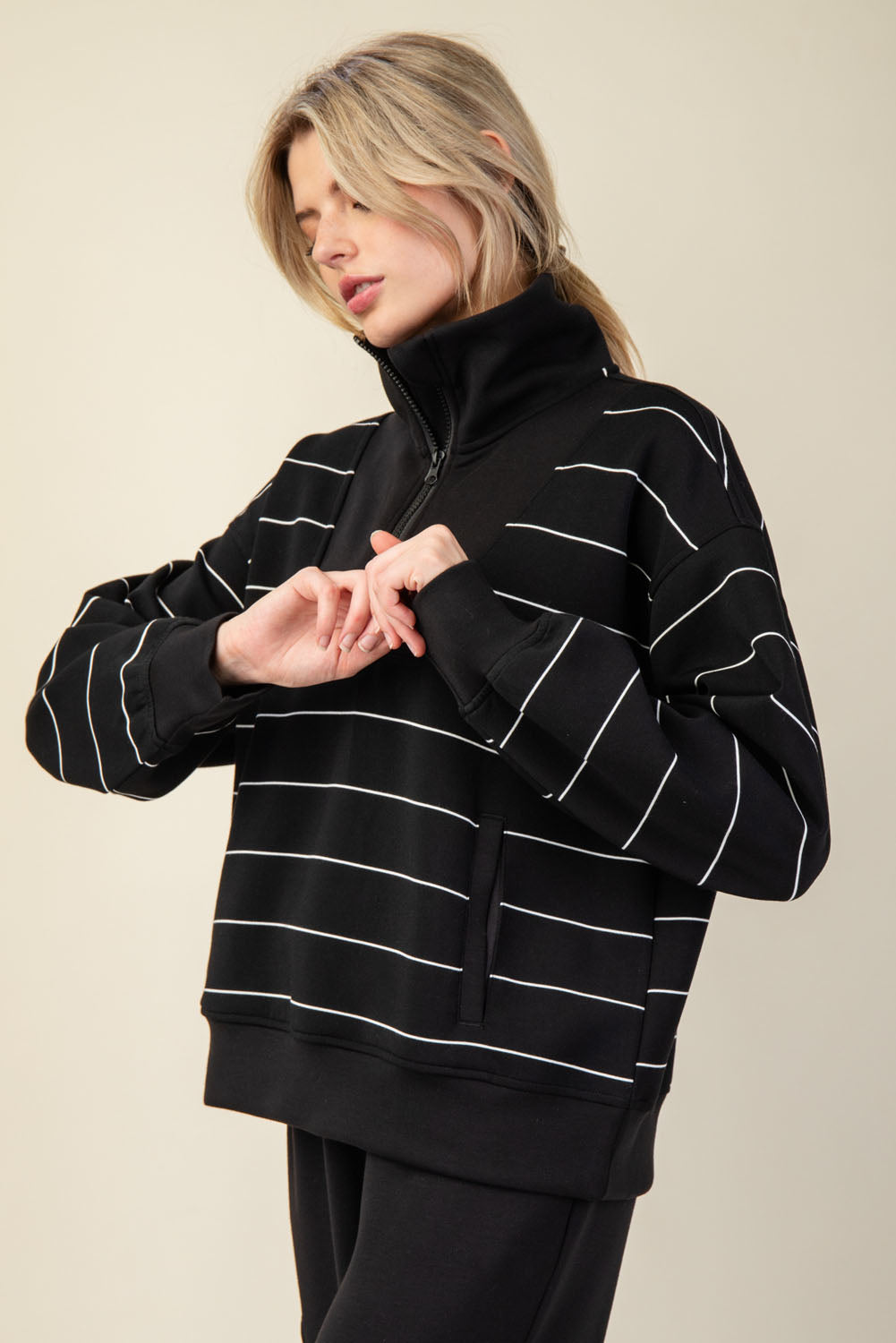 Modal Scuba Stripe Quarter Zip Mock Neck Top