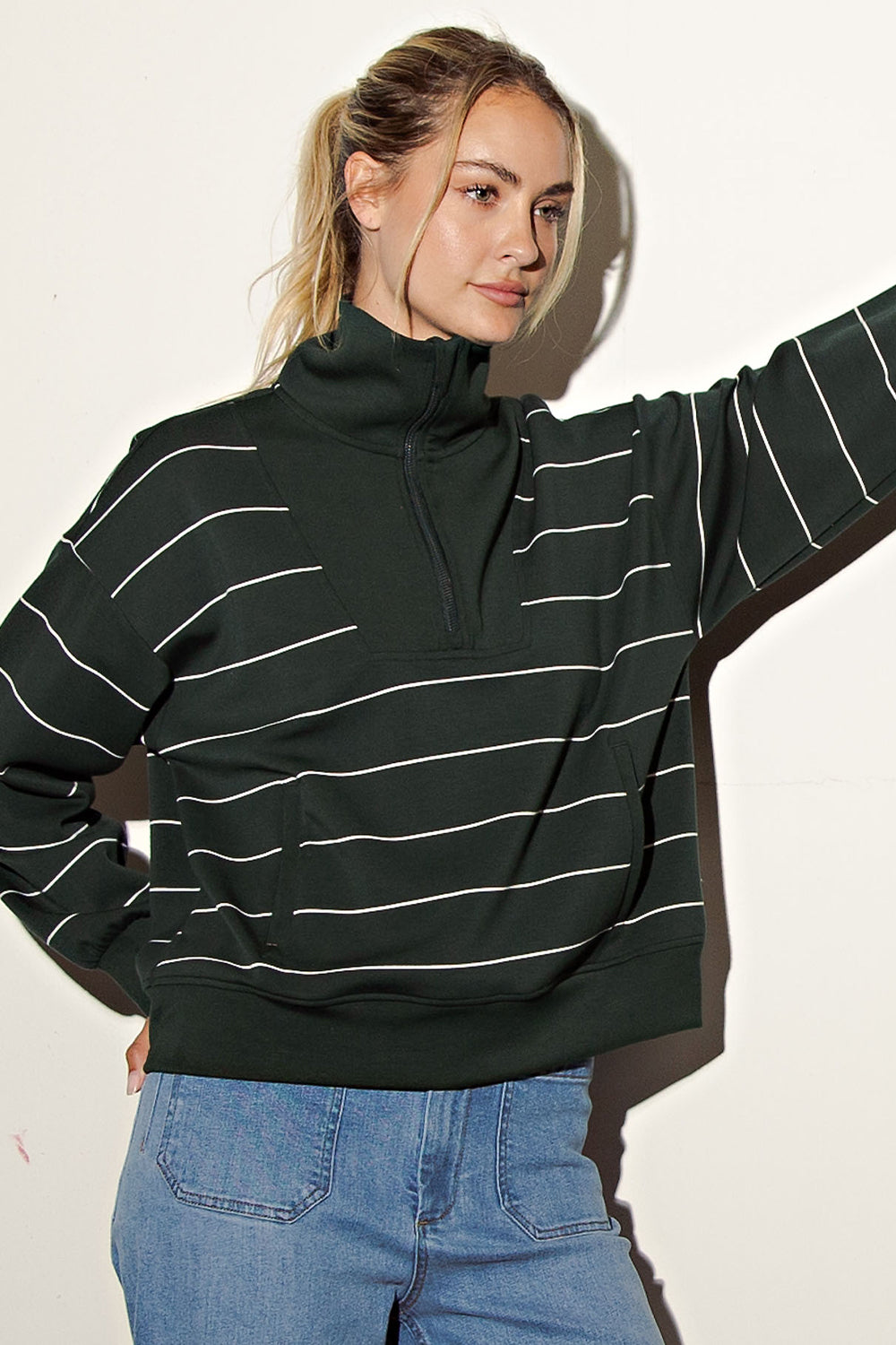 Modal Scuba Stripe Quarter Zip Mock Neck Top