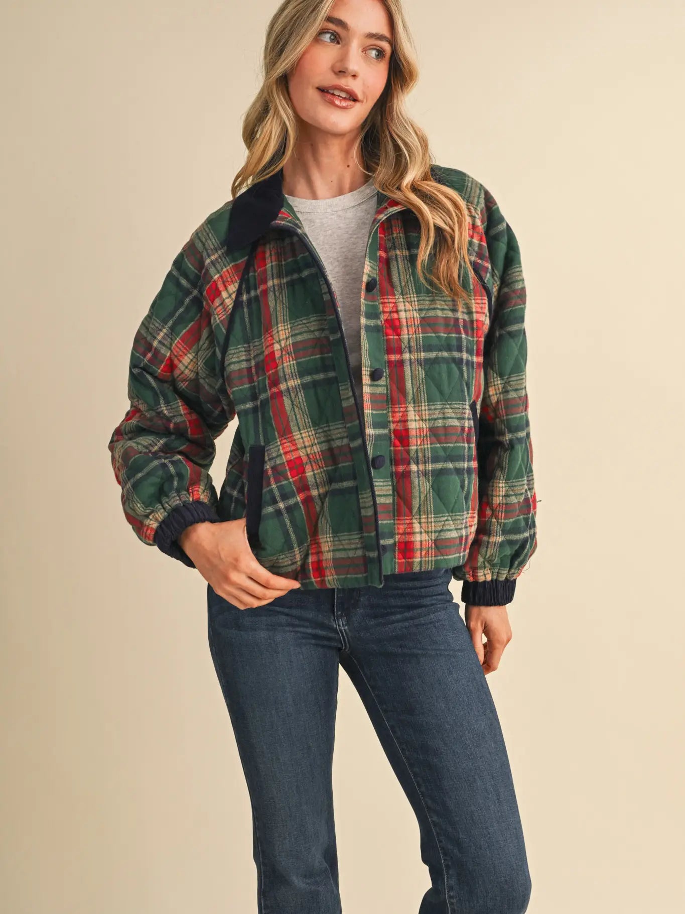 Plaid Quilted Jacket with Contrast Corduroy | 2 Colors Available