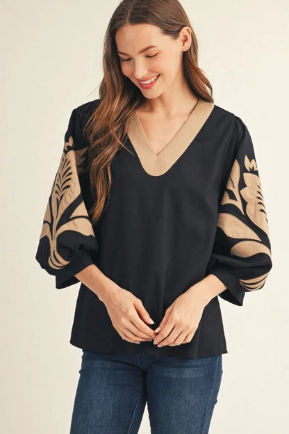V-Neck with Color Contrast Neckline Top