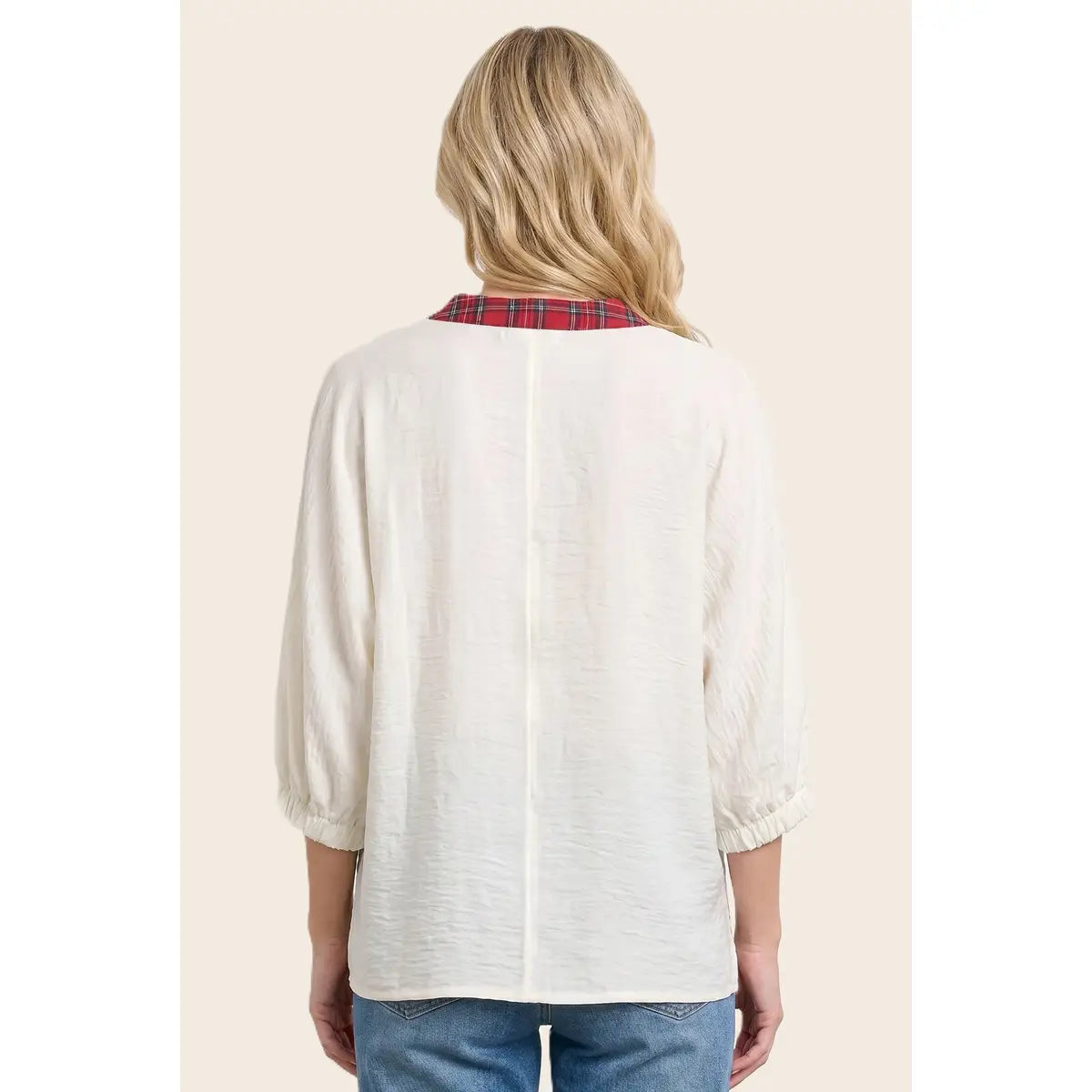 Plaid Accent Dolman Sleeve Woven Top