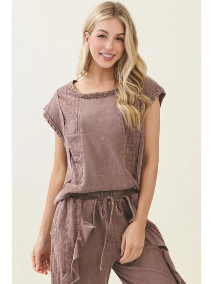 Mineral Washed Eyelet Patch Cap Sleeve Blouse Top