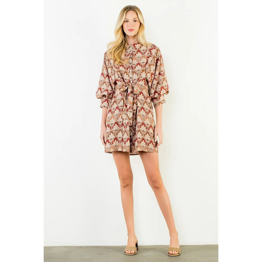 Long Sleeve Pattern Button Down Dress