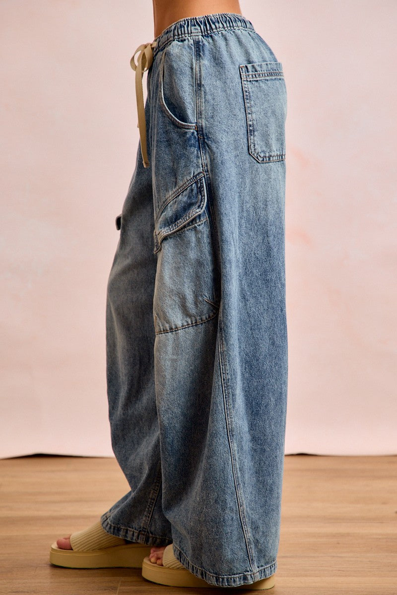 Baggy Barrel Denim Pants with Cargo Pockets
