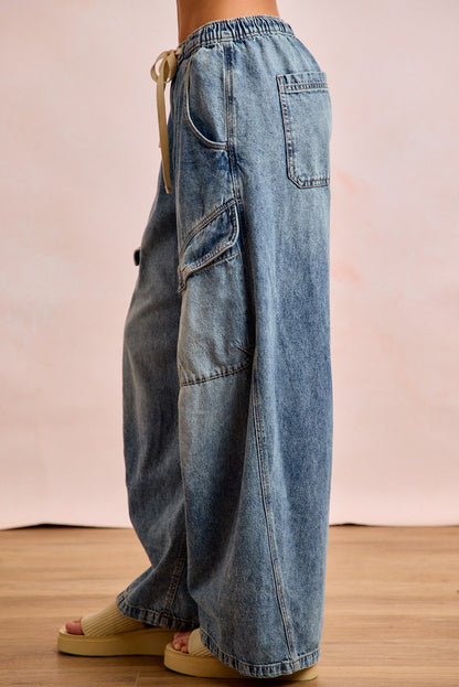 Baggy Barrel Denim Pants with Cargo Pockets
