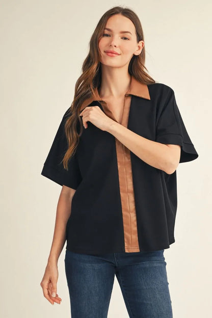 Black Top with Faux Leather Collar