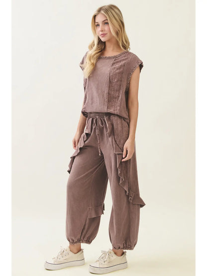 Mineral Washed Eyelet Patch Cap Sleeve Blouse Top