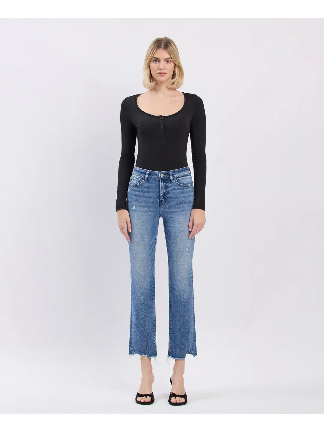 High Rise Uneven Raw Hem Slim Straight Jeans