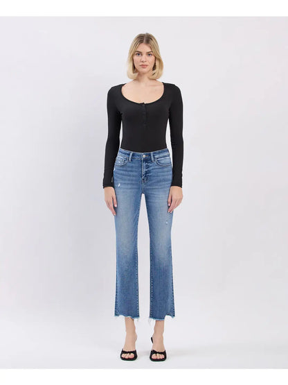 High Rise Uneven Raw Hem Slim Straight Jeans