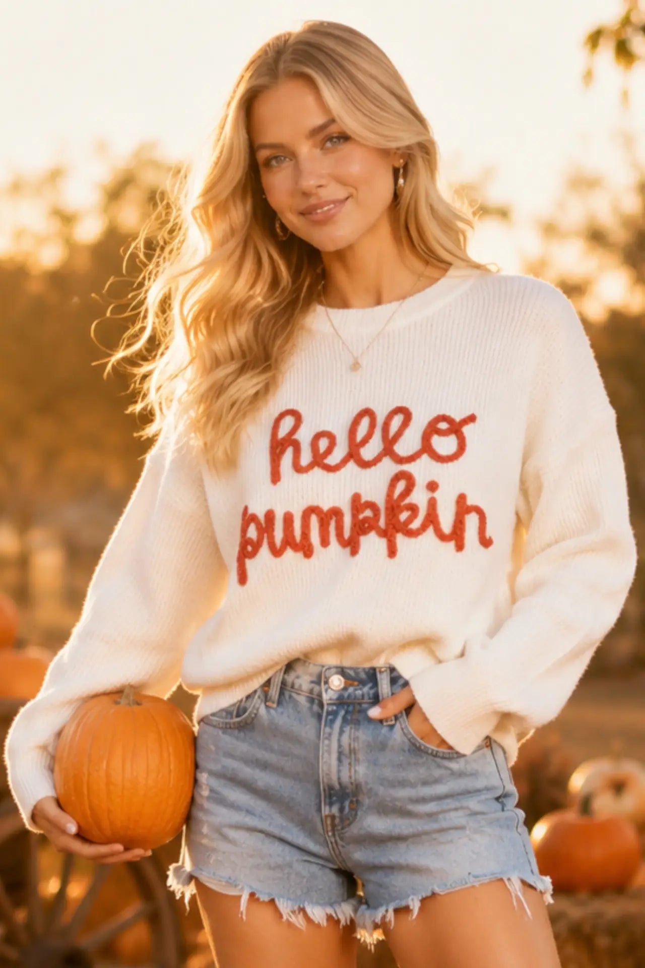 Hello Pumpkin Embroidered Knit Sweater