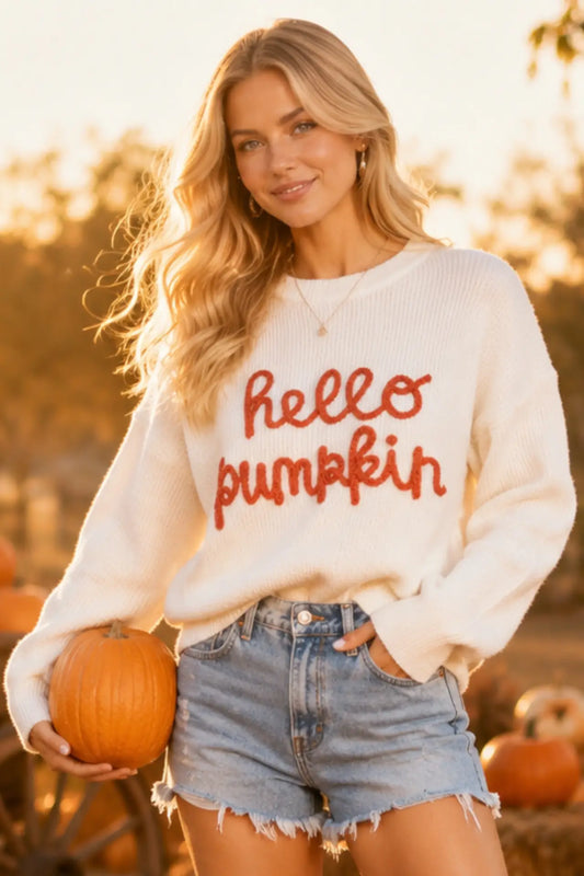 Hello Pumpkin Embroidered Knit Sweater