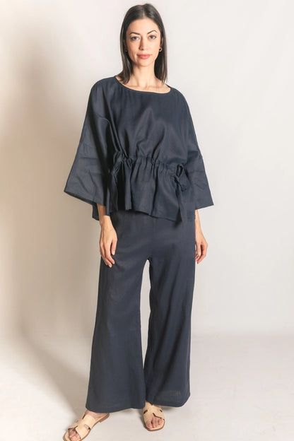 Washed Linen Half Sleeve Waist Tie Top