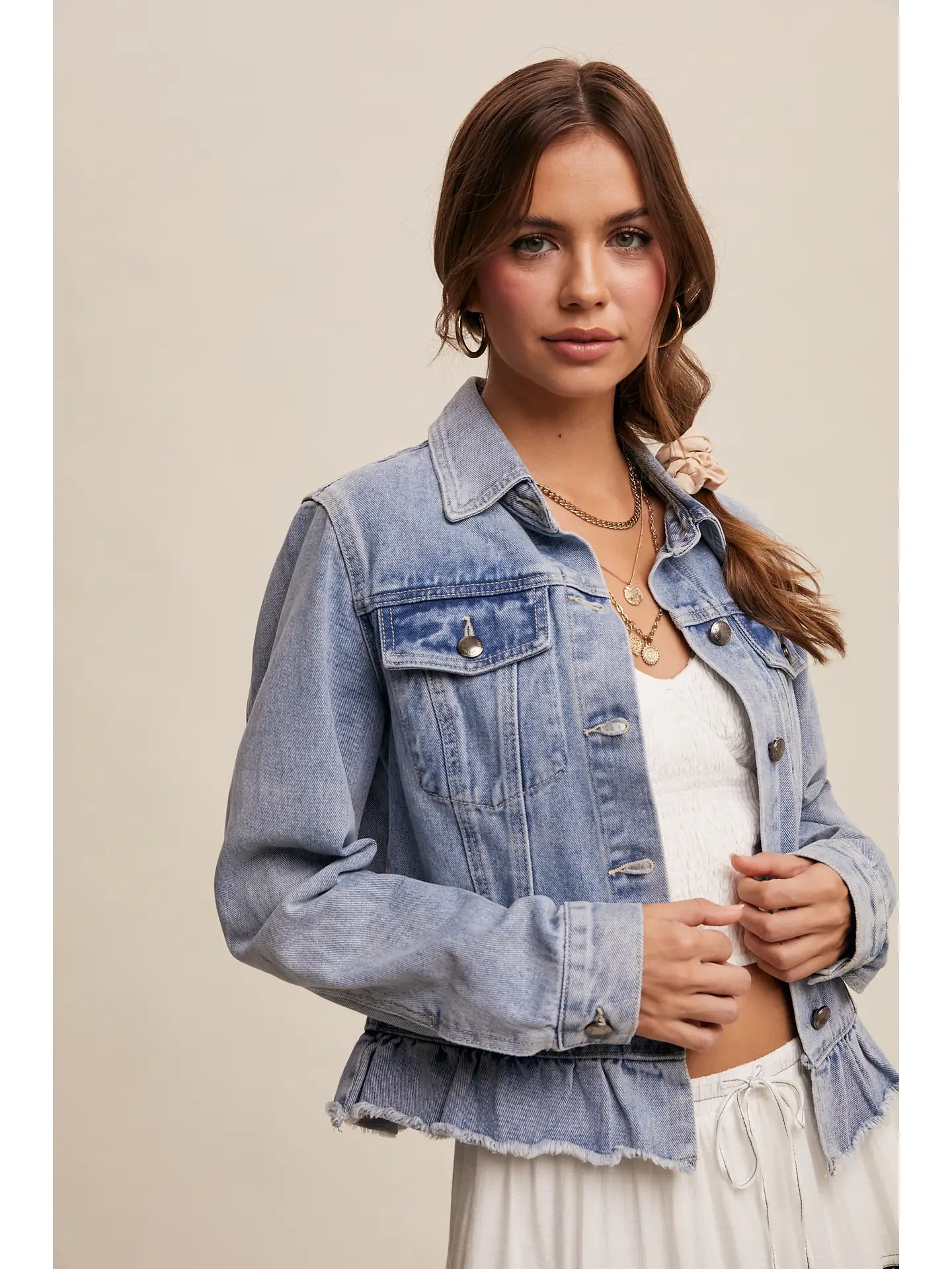 Ruffled Hem Light Denim Jacket