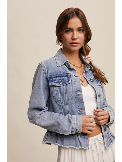 Ruffled Hem Light Denim Jacket
