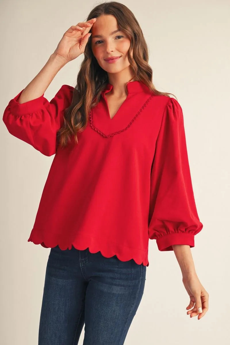 Puff Sleeve Scallop Hem Top