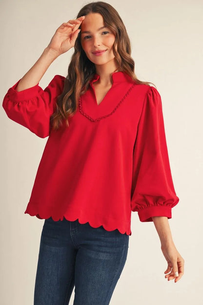 Puff Sleeve Scallop Hem Top
