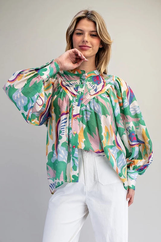 Button Down Abstract Botanical Print Blouse