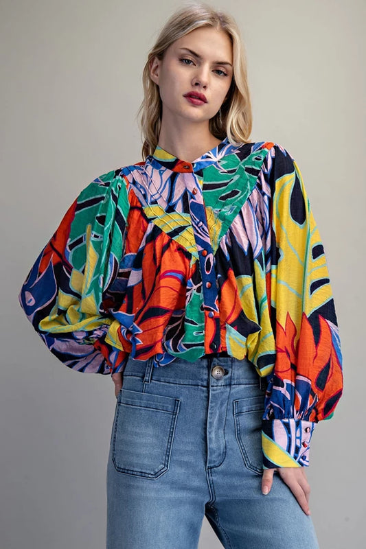 Bubble Sleeve Tropical Print Blouse