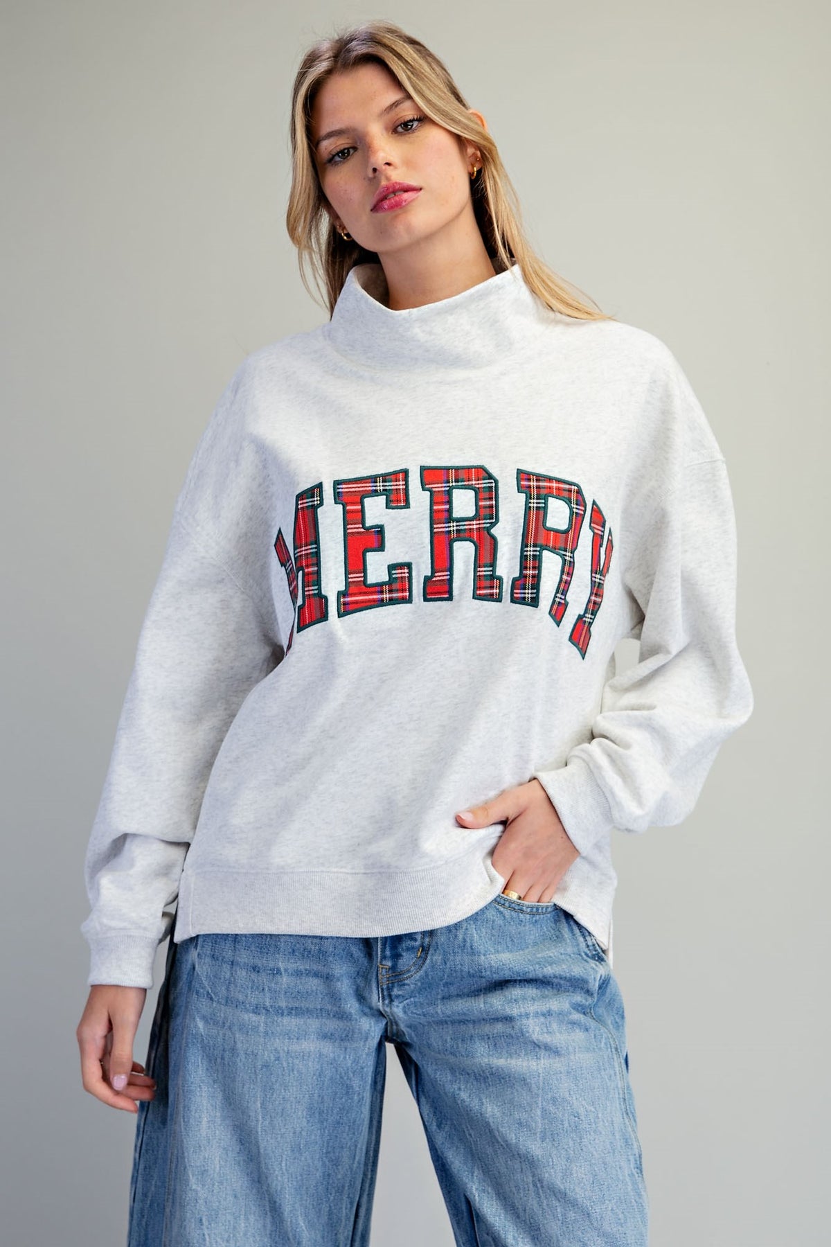 Plaid Merry Funnel Neck Sweatshirt