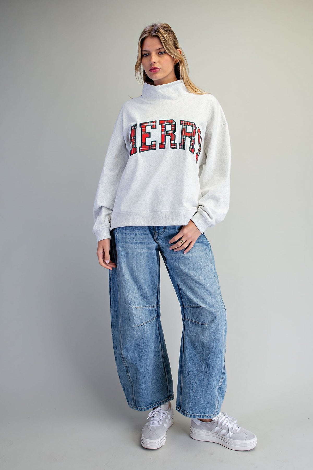 Plaid Merry Funnel Neck Sweatshirt