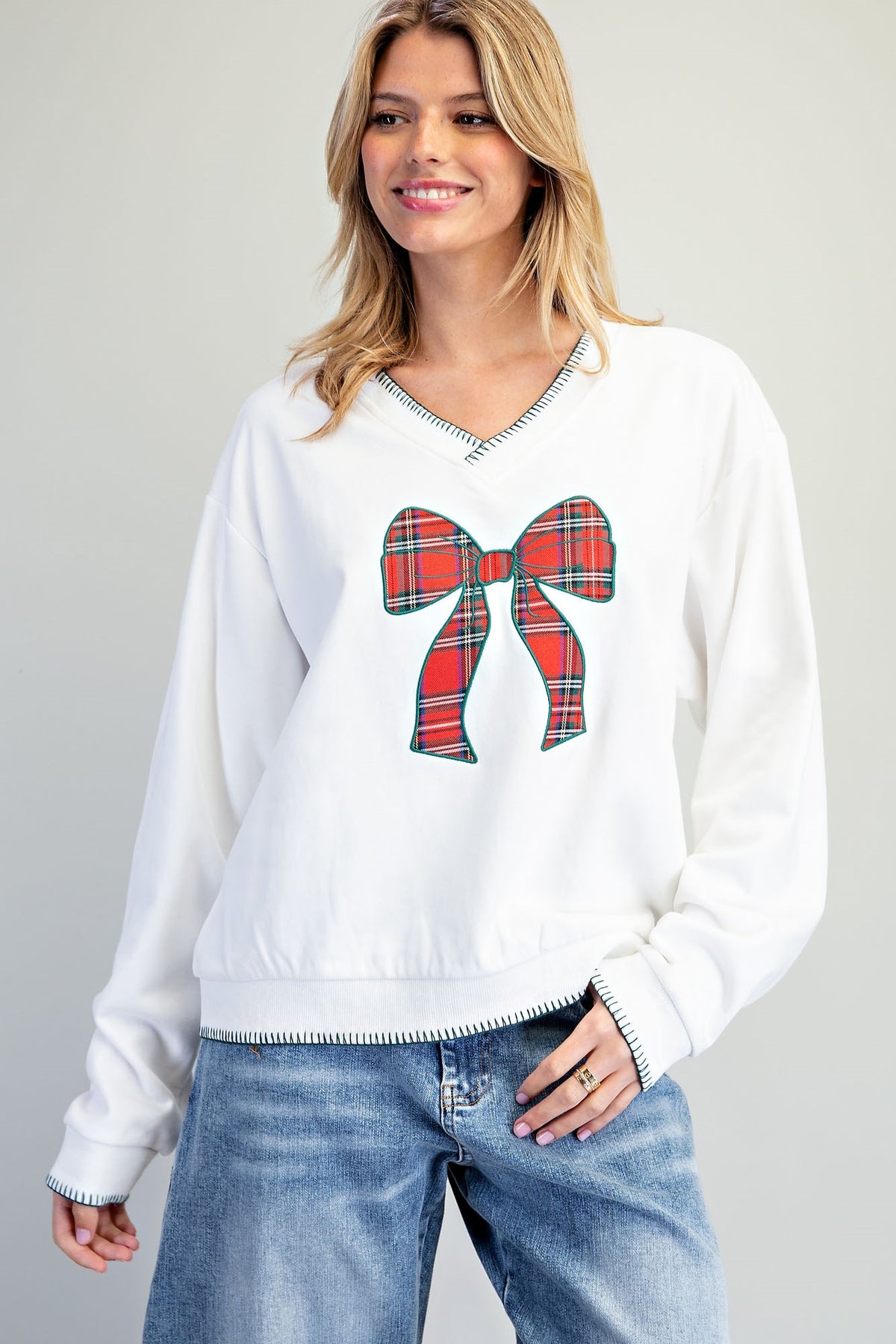 Plaid Bow V-Neck Sweatshirt