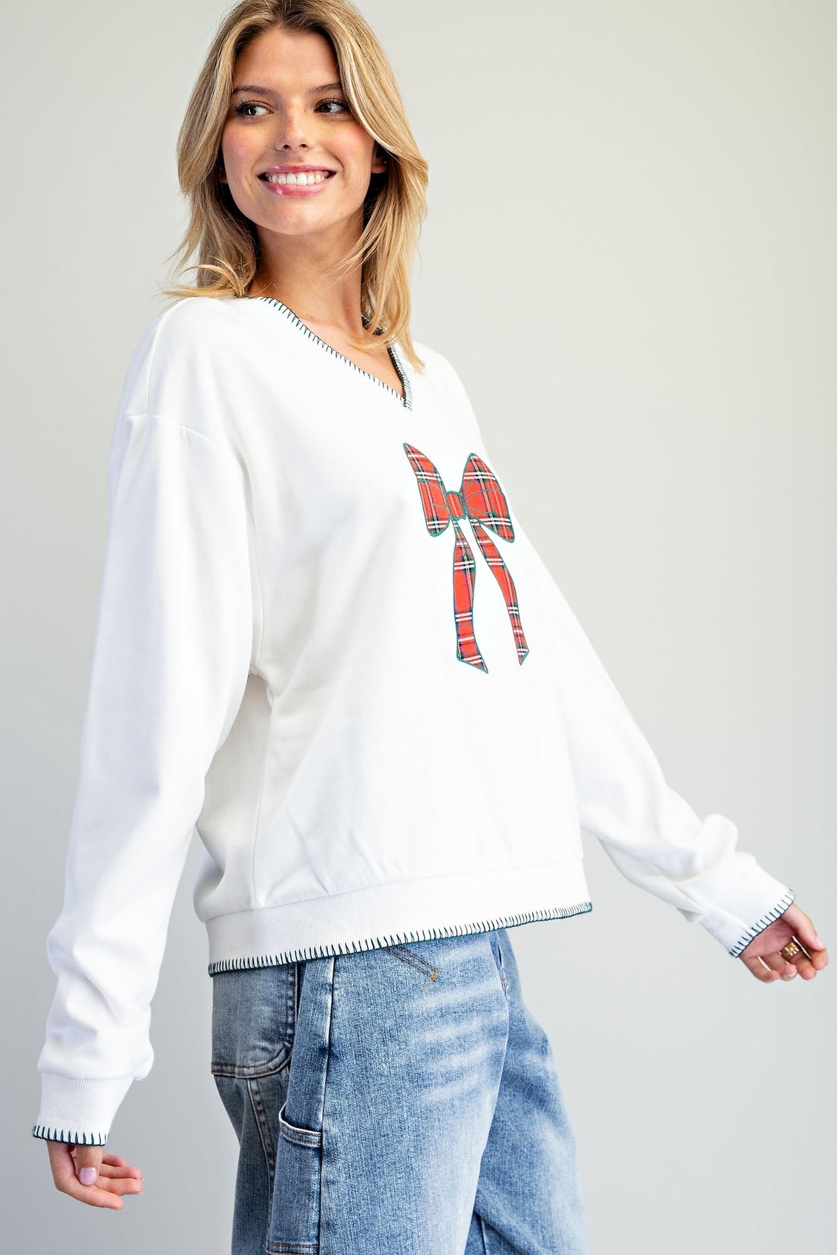 Plaid Bow V-Neck Sweatshirt