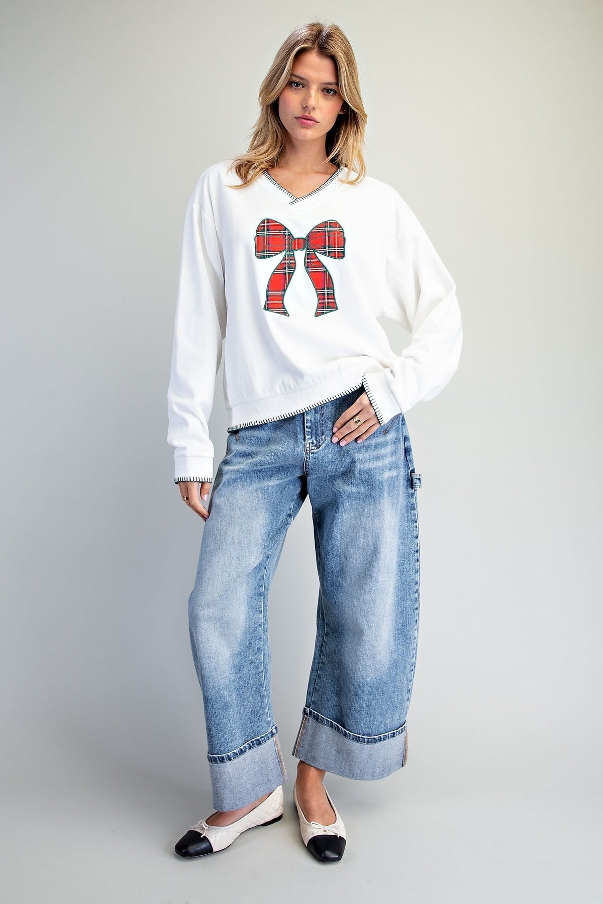 Plaid Bow V-Neck Sweatshirt
