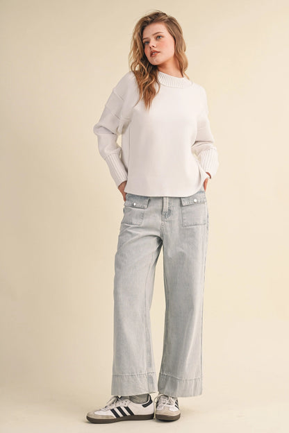 Drop Shoulder Long Sleeve Ribbed Sweater