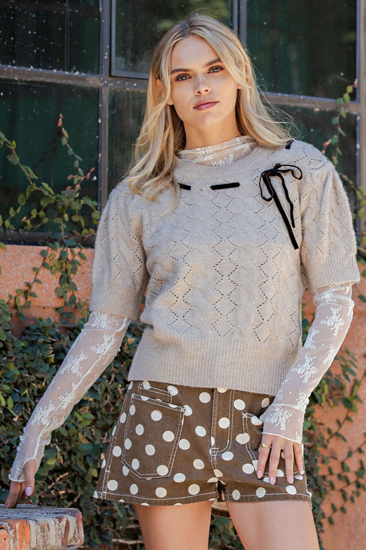 Ribbon Detail Short Sleeve Sweater