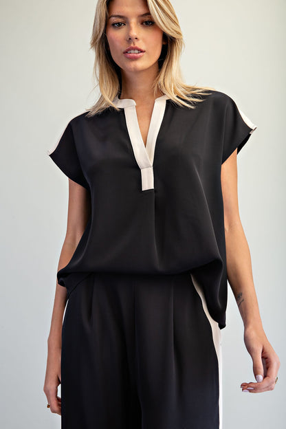Contrast Trim Split Neck Top
