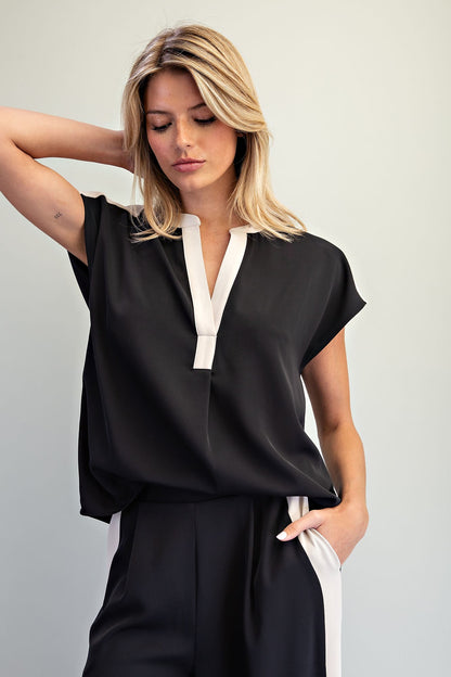 Contrast Trim Split Neck Top