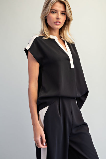 Contrast Trim Split Neck Top