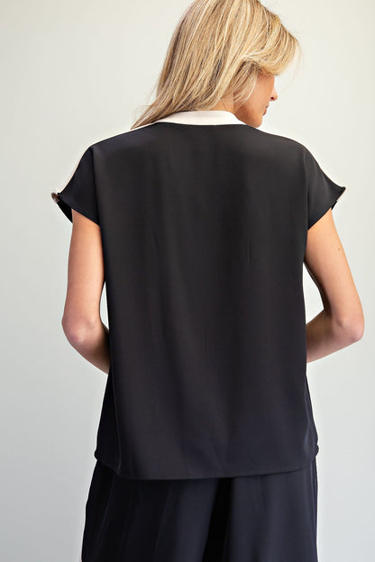 Contrast Trim Split Neck Top
